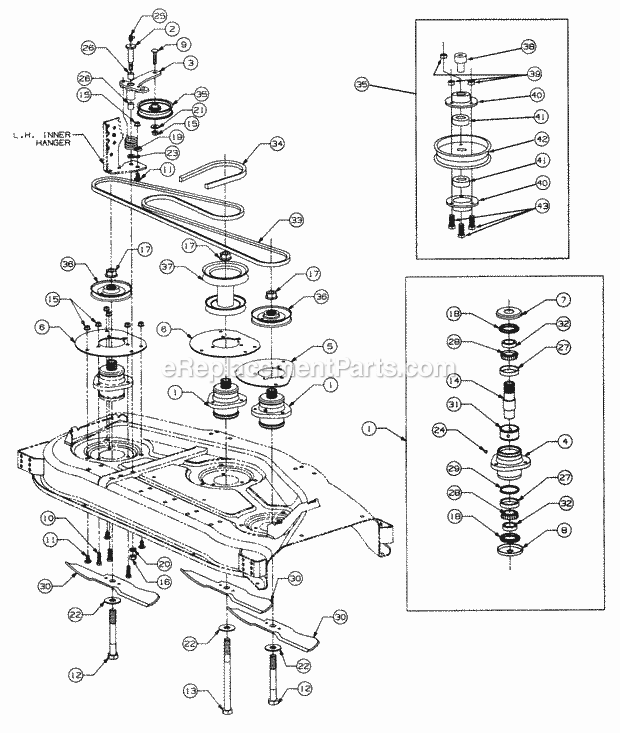 48" Floating Deck Spindle Assembly Diagram and Parts List for 4815F 556C465M100 Cub Cadet Lawn Mower